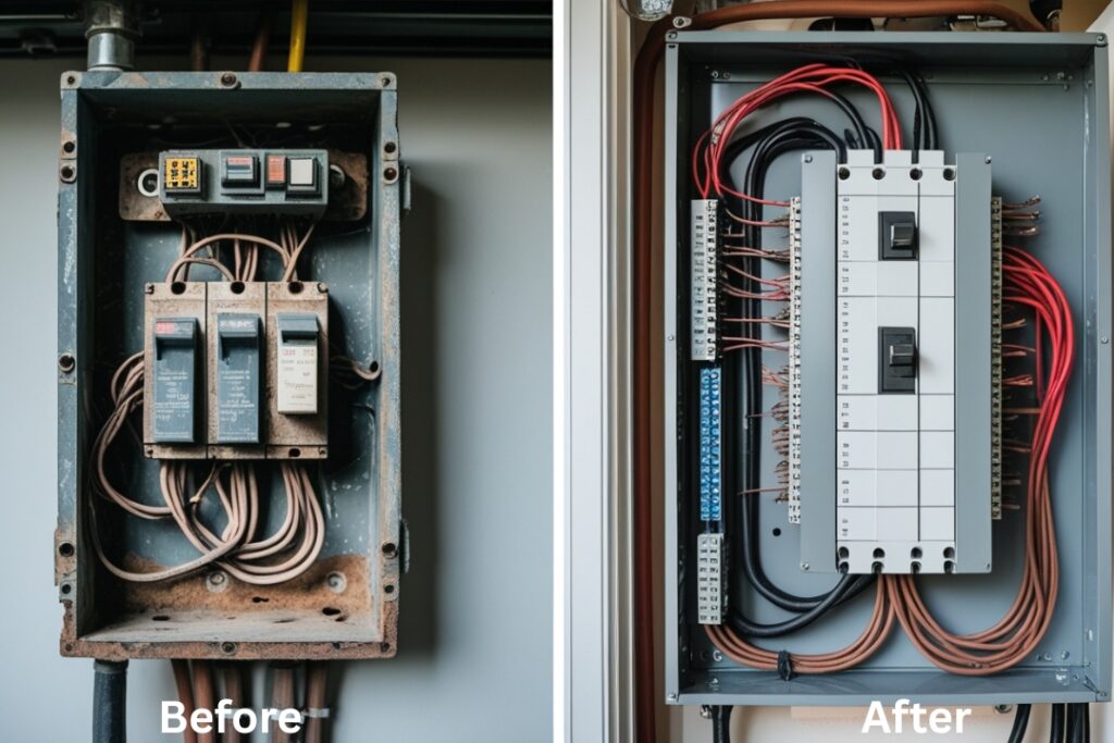 Before and after comparison of an outdated electrical panel and a newly upgraded electrical panel by a professional electrician.
