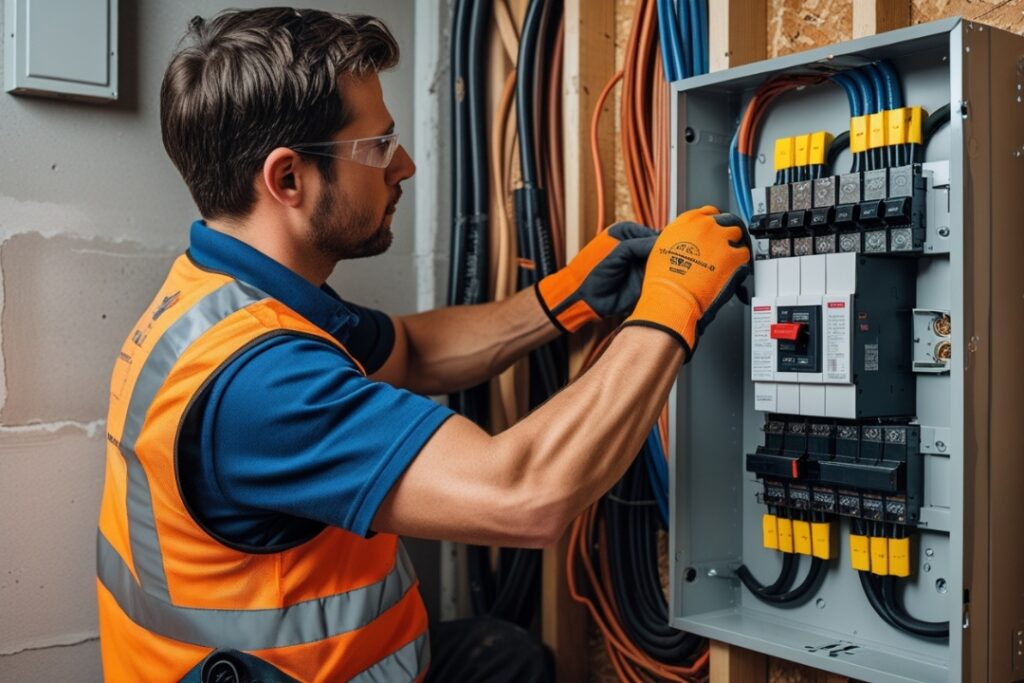 Licensed electrician upgrading a residential electrical panel with modern wiring and safety equipment.